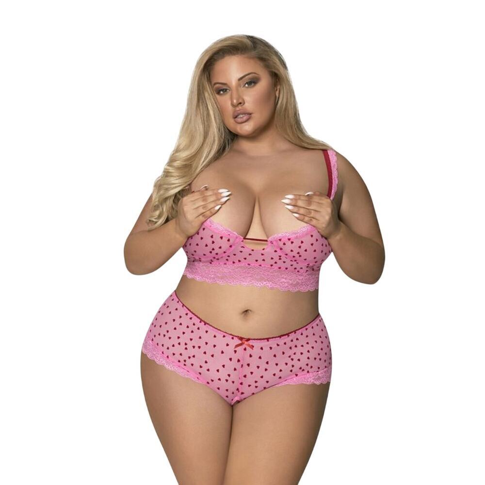 NEW! Plus Size 1X-3X Lingerie Pink Demi Bra Split Crotch Short Magic Silk